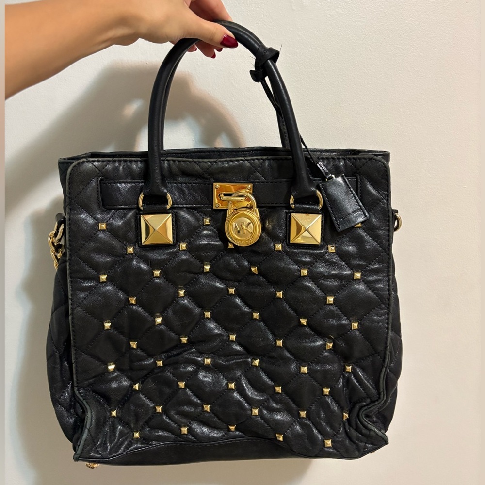 Black Quilted Handbag with Gold Accents